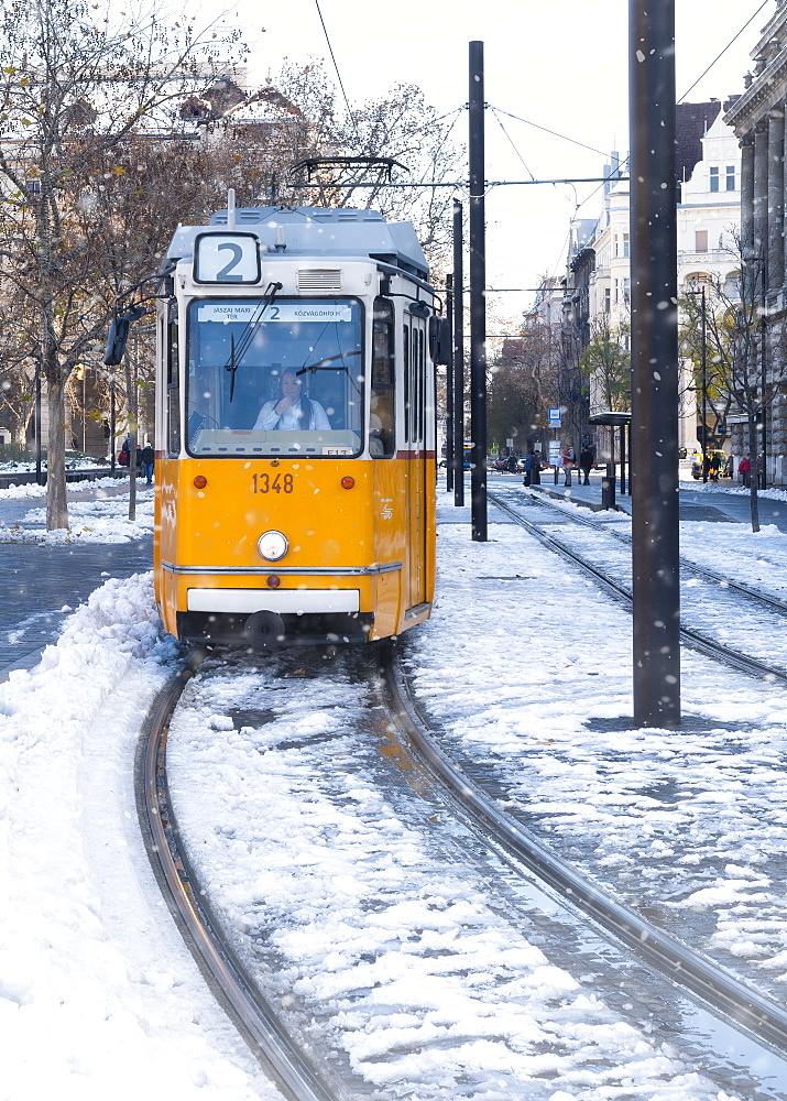 Budapest tram in the snow, Budapest, Hungary, Europe