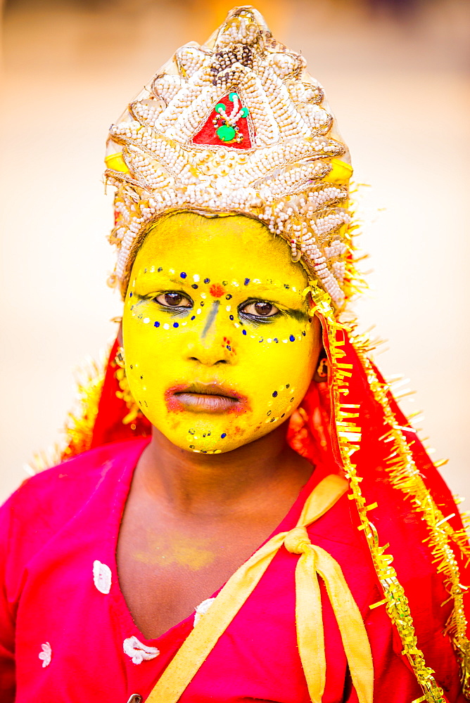 Painted girl at the Pushkar Camel Fair, Pushkar, Rajasthan, India, Asia