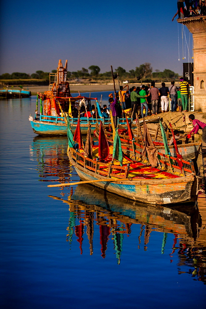 Colorful boats at the Holi Festival, Vrindavan, Uttar Pradesh, India, Asia