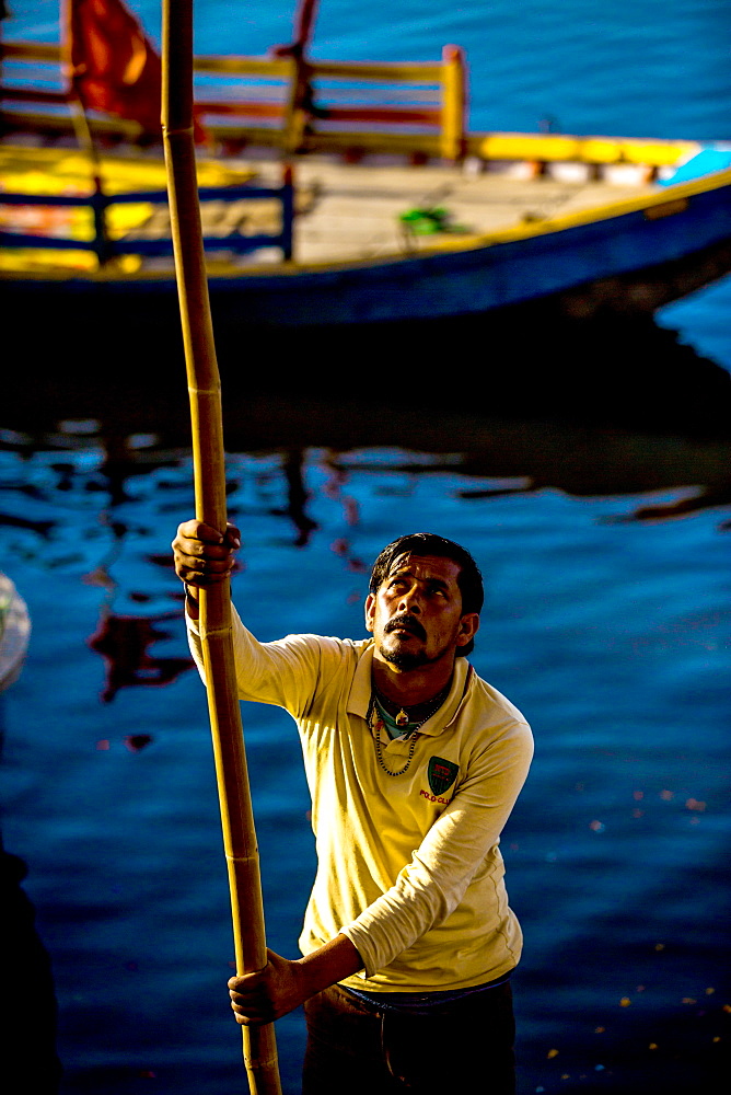 Indian gondolier, Flower Holi Festival, Vrindavan, Uttar Pradesh, India, Asia