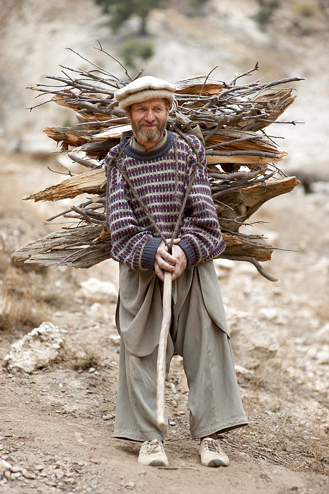 A Kalasha man carrying firewood, Kalasha valley, Chitral, North West Frontier Province, Pakistan, Asia