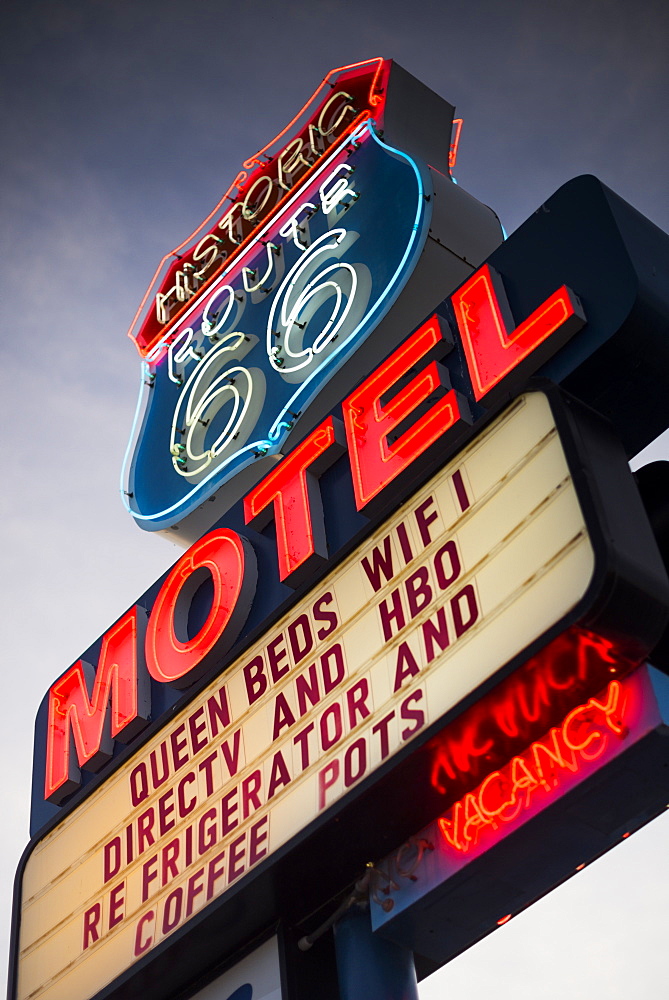 Historic Route 66 Neon Motel sign showing a vacancy, Seligman, Arizona, United States of America, North America