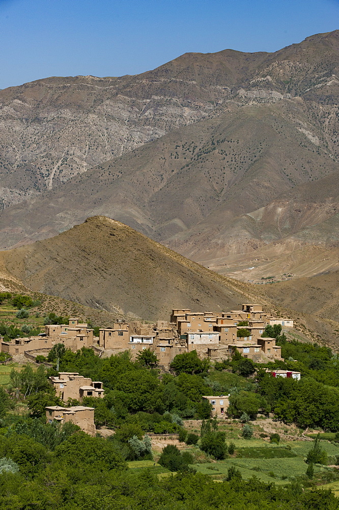 A village and terraced fields of wheat and potatoes in the Panjshir Valley, Afghanistan, Asia