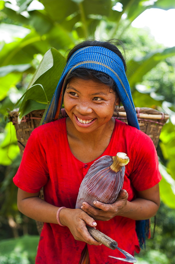 A Chakma girl in the Rangamati area in Bangladesh collects banana flowers which will be used to make curry, Bangladesh, Asia