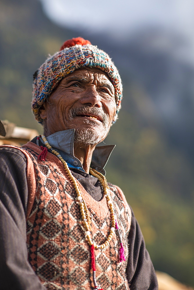 An old Tibetan man in the Langtang Valley, Nepal, Asia