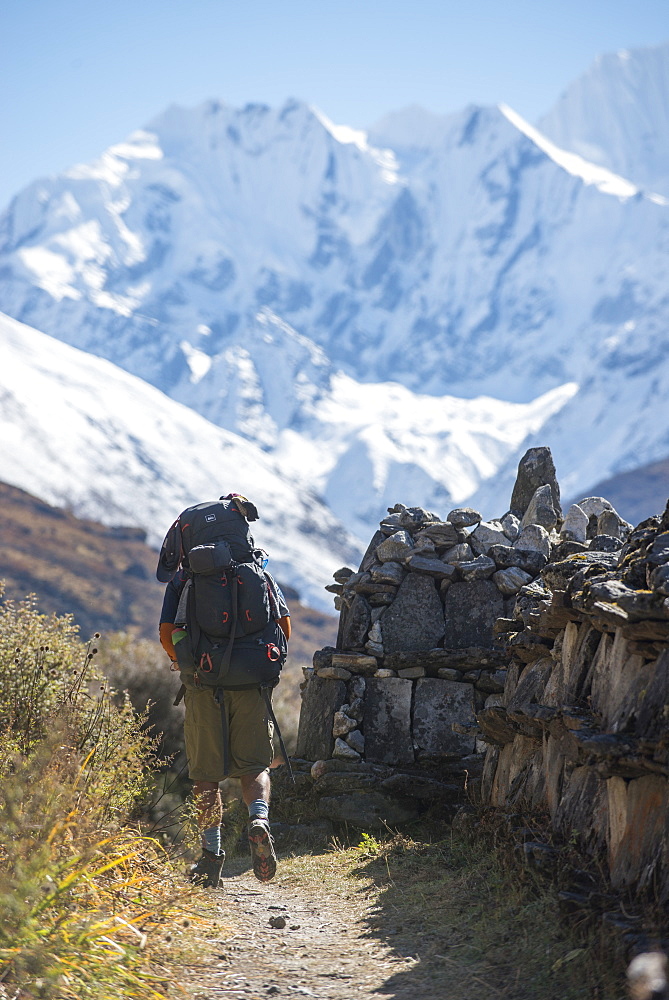 Hiking past a traditional Mani stone wall in the Langtang Valley with views of Ganchempo in the distance, Langtang Region, Himalayas, Nepal, Asia