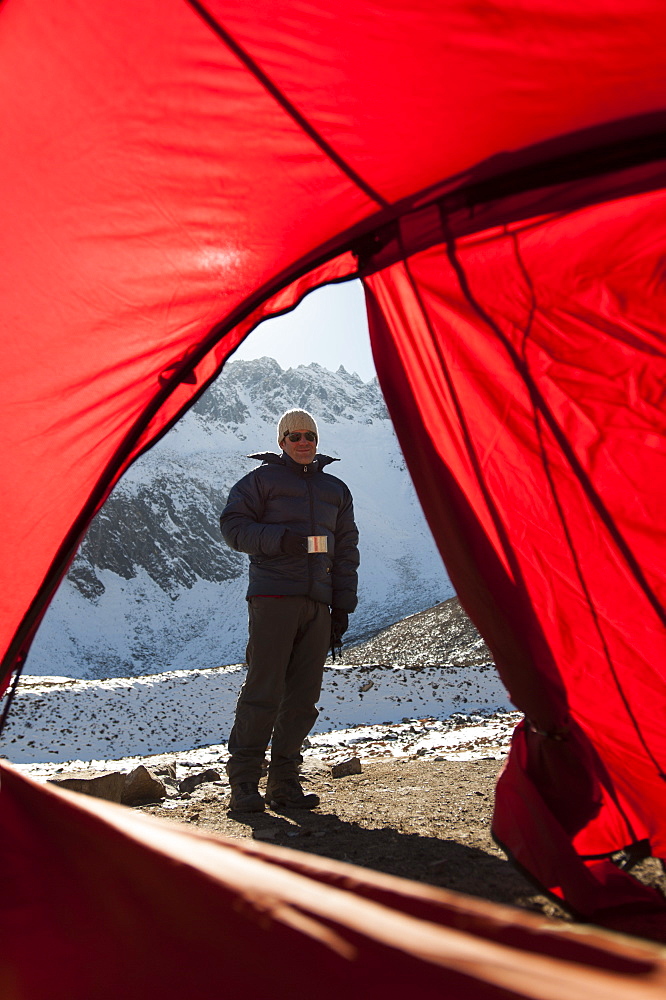 An early start before making the long trek across the Larke La, the highest point of the Manaslu circuit trek, Nepal, Asia