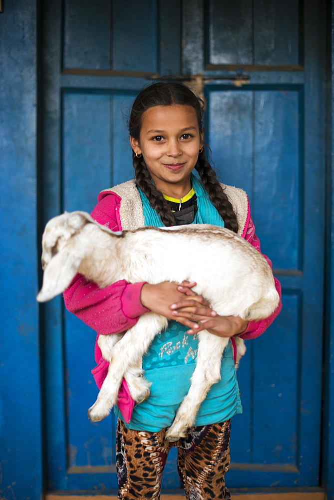 A little girl holding a goat in a small village in Nepal, Asia