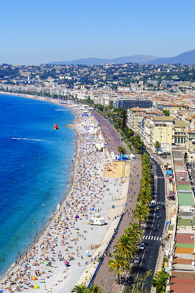 High view of the Promenade Anglais and beach, Nice, Alpes Maritimes, Cote d'Azur, Provence, France, Mediterranean, Europe