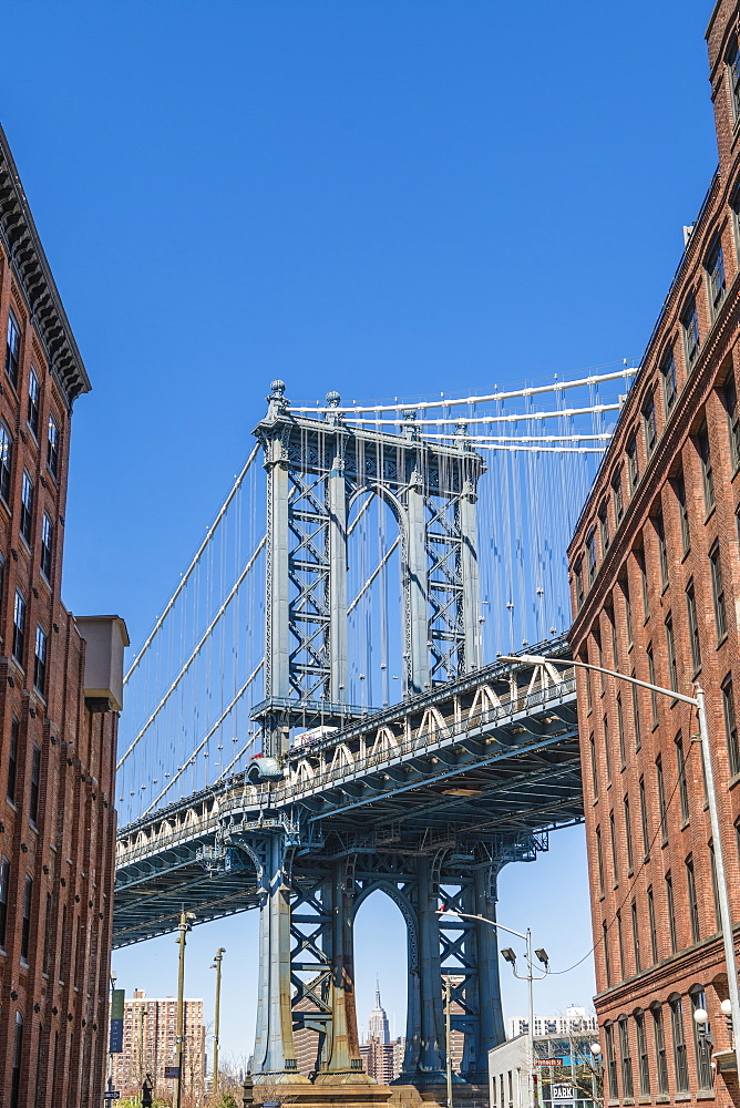 Manhattan Bridge and Empire State Building from Dumbo Historic District, Brooklyn, New York City, United States of America, North America