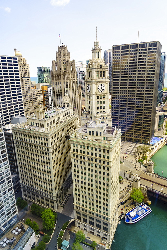 High view of the Wrigley Building, Chicago, Illinois, United States of America, North America