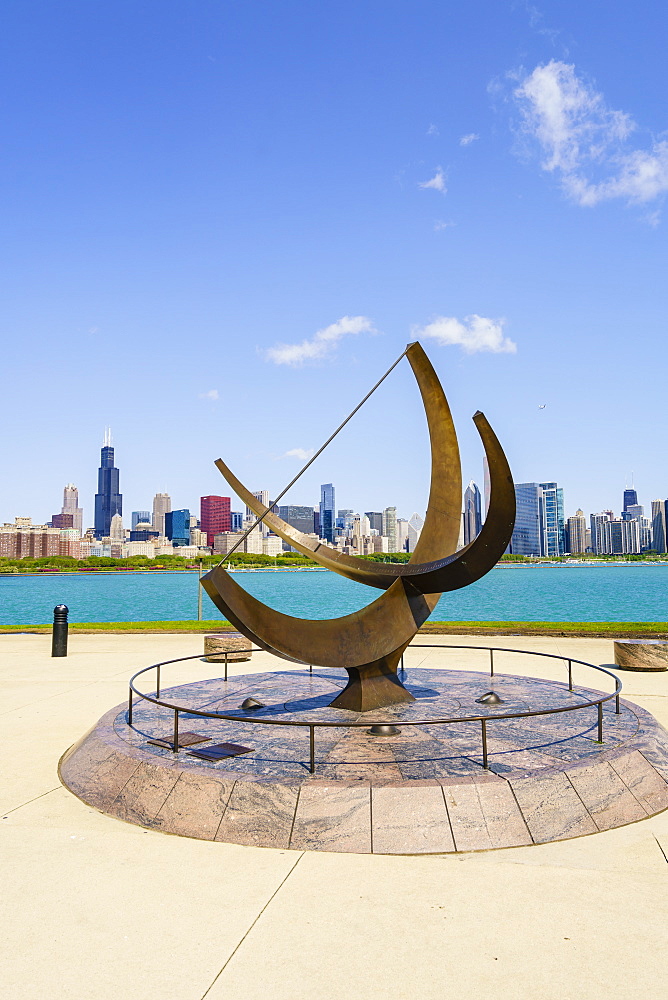 The Adler Planetarium sundial with Lake Michigan and city skyline beyond, Chicago, Illinois, United States of America, North America