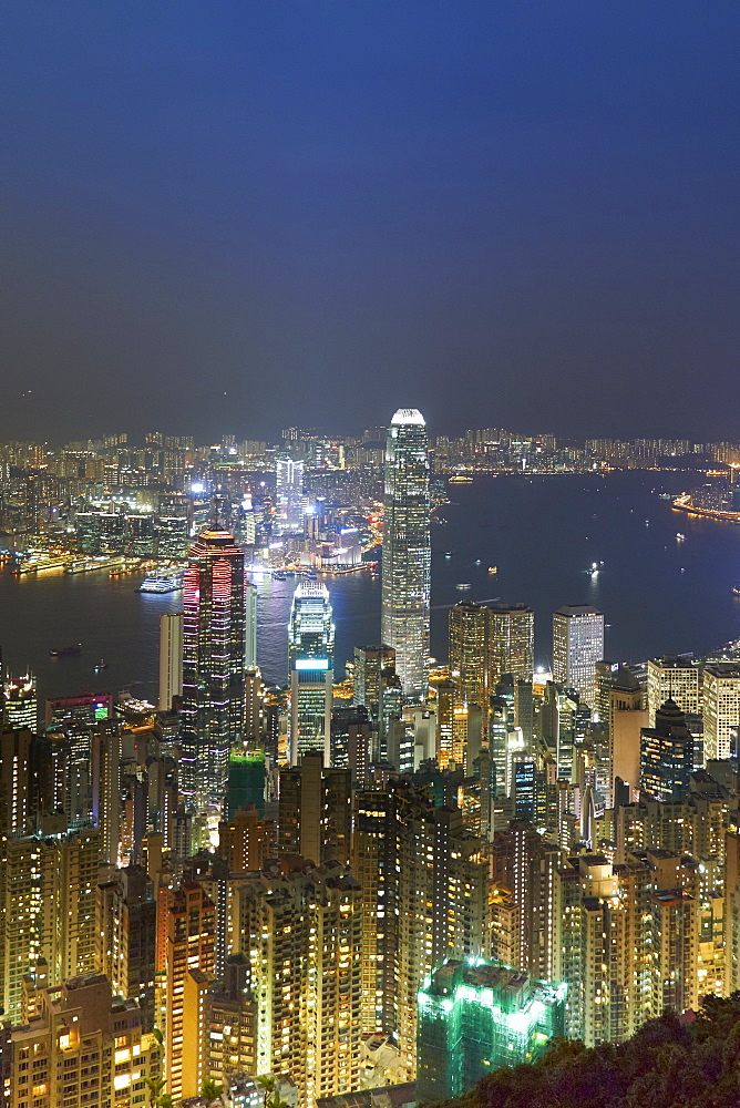 City skyline by night viewed from Victoria Peak, Hong Kong, China, Asia