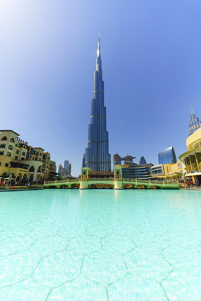 Burj Khalifa and Lake, Downtown, Dubai, United Arab Emirates, Middle East