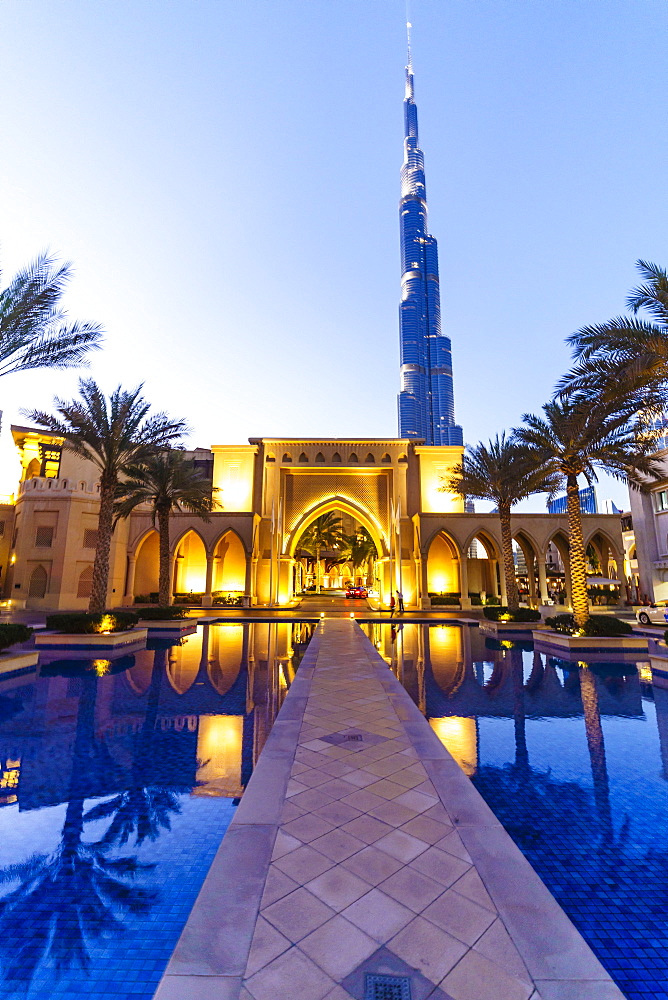 Burj Khalifa and Palace Hotel at dusk, Downtown, Dubai, United Arab Emirates, Middle East