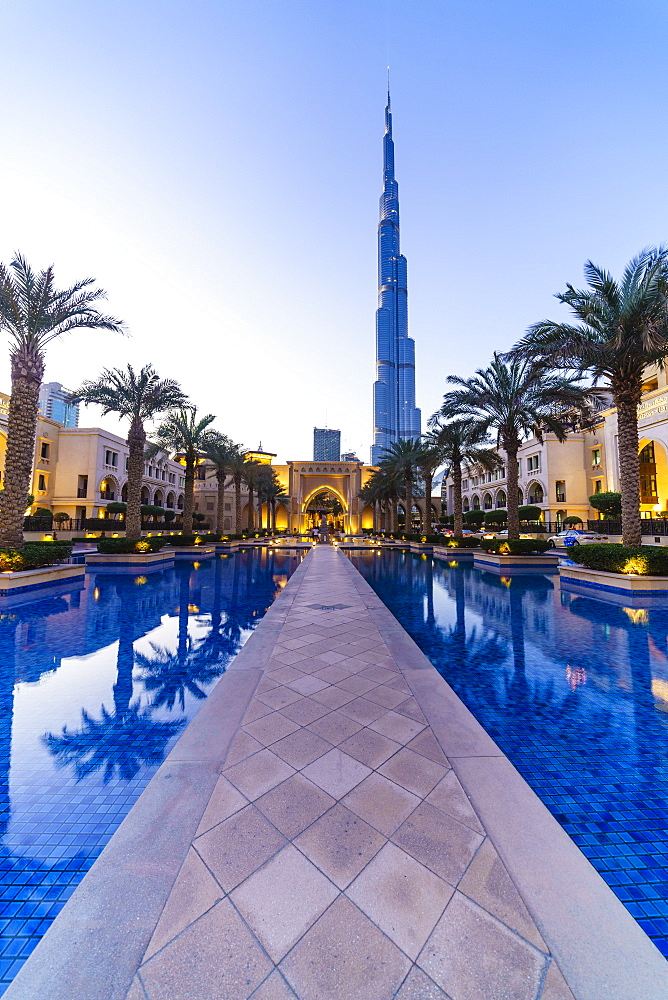 Burj Khalifa and Palace Hotel at dusk, Downtown, Dubai, United Arab Emirates, Middle East