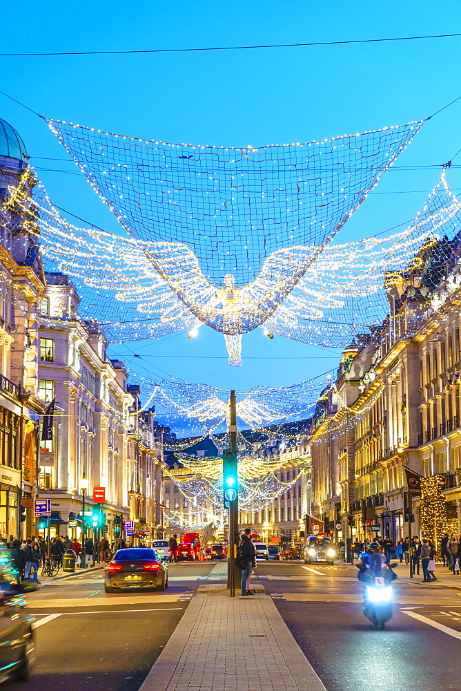 Regent Street with Christmas decorations, London, England, United Kingdom, Europe