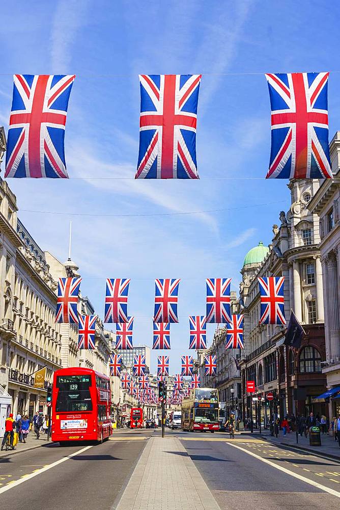 Union flags flying in Regent Street, London, W1, England, United Kingdom, Europe