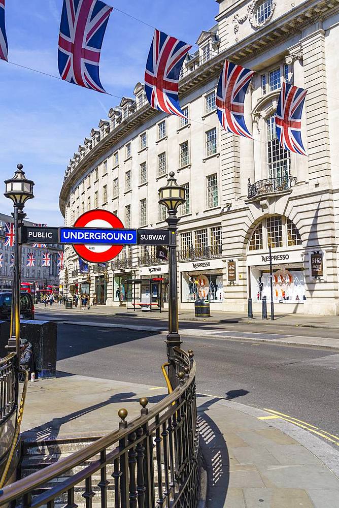 Union flags flying in Regent Street, London, W1, England, United Kingdom, Europe