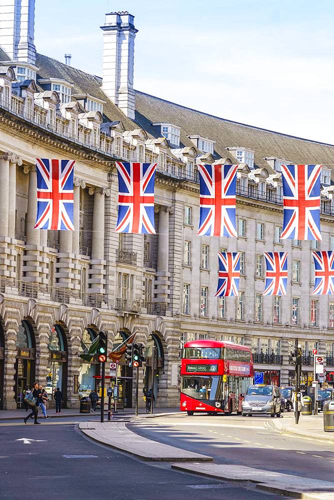 Union flags flying in Regent Street, London, W1, England, United Kingdom, Europe