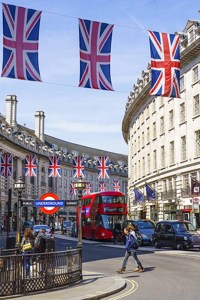 Union flags flying in Regent Street, London, W1, England, United Kingdom, Europe