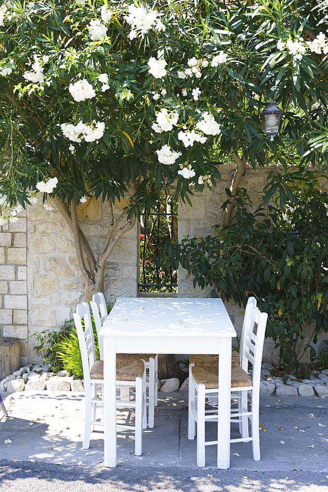 Taverna table and chairs, Gaios, Paxos, Ionian Islands, Greek Islands, Greece, Europe