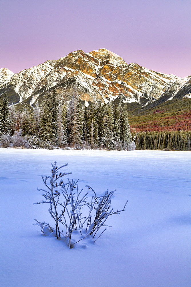 Pyramid Lake in mid-winter, Jasper national Park, Alberta, Canada