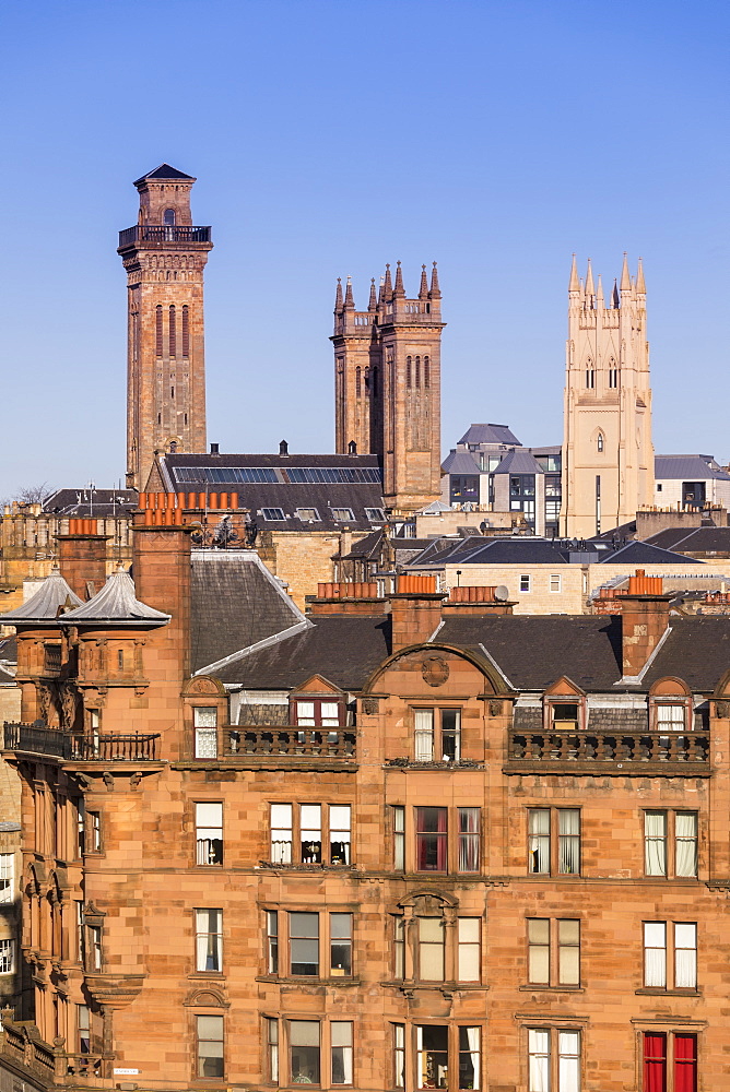 City skyline view of the towers of Trinity College and Park Church in the West End of Glasgow, Scotland, United Kingdom, Europe