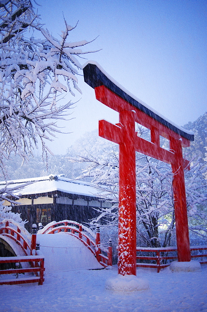 Blue hour in Shimogamo Shrine, UNESCO World Heritage Site, during the largest snowfall on Kyoto in the last 50 years, Kyoto, Japan, Asia