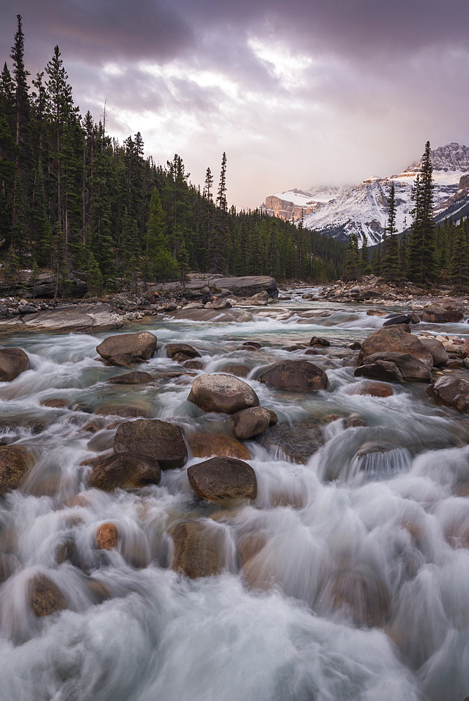 Sunrise and glacial blue rushing waters at Mistaya Canyon, Banff National Park, UNESCO World Heritage Site, Alberta, The Rockies, Canada, North America