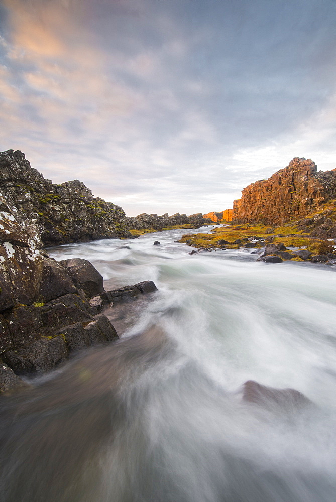 Oxararfoss River at sunrise, Thingvellir National Park, UNESCO World Heritage Site, Iceland, Polar Regions