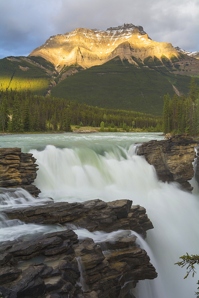 Athabasca Falls at sunset, Jasper National Park, UNESCO World Heritage Site, Alberta, Canada, North America