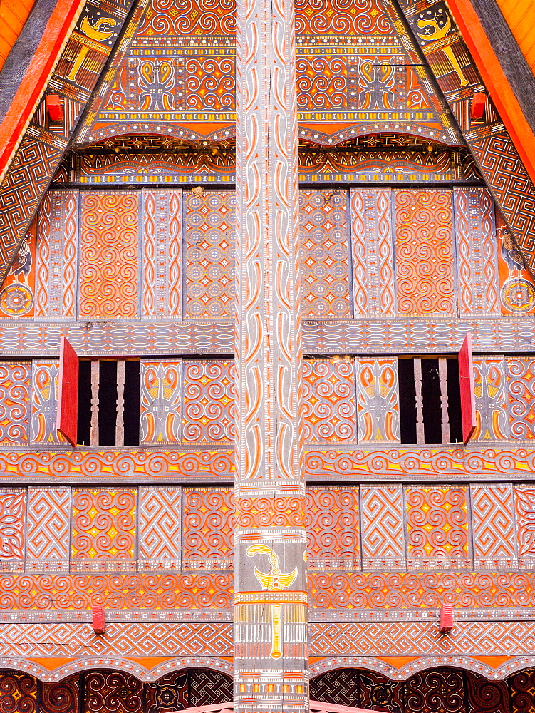 Traditional painted housefront with water buffalo horns, Tana Toraja, Sulawesi, Indonesia, Southeast Asia, Asia