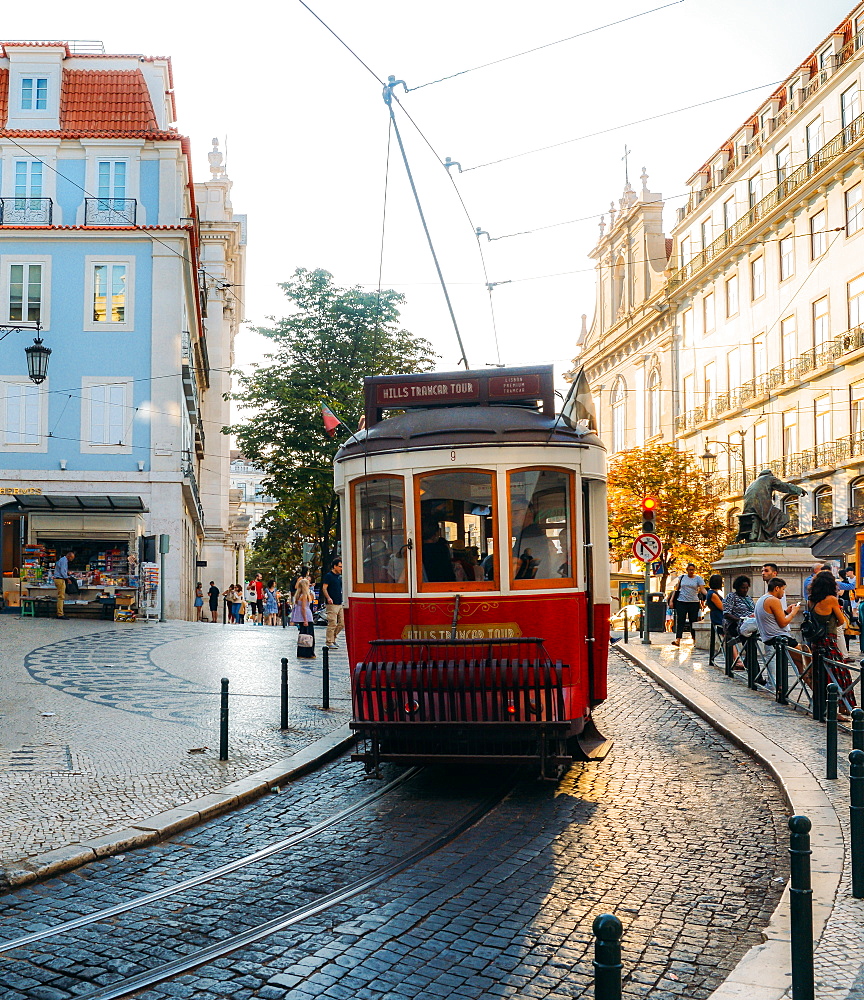 Traditional tram at Chiado neighbourhood in Lisbon, Portugal, Europe