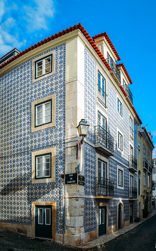 Traditional azulejo tiles on a building facade, Alfama, Lisbon, Portugal, Europe