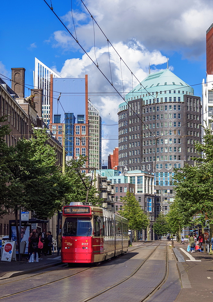 Kalvermarkt Street with Muzentoren Building in the background, The Hague, South Holland, The Netherlands, Europe