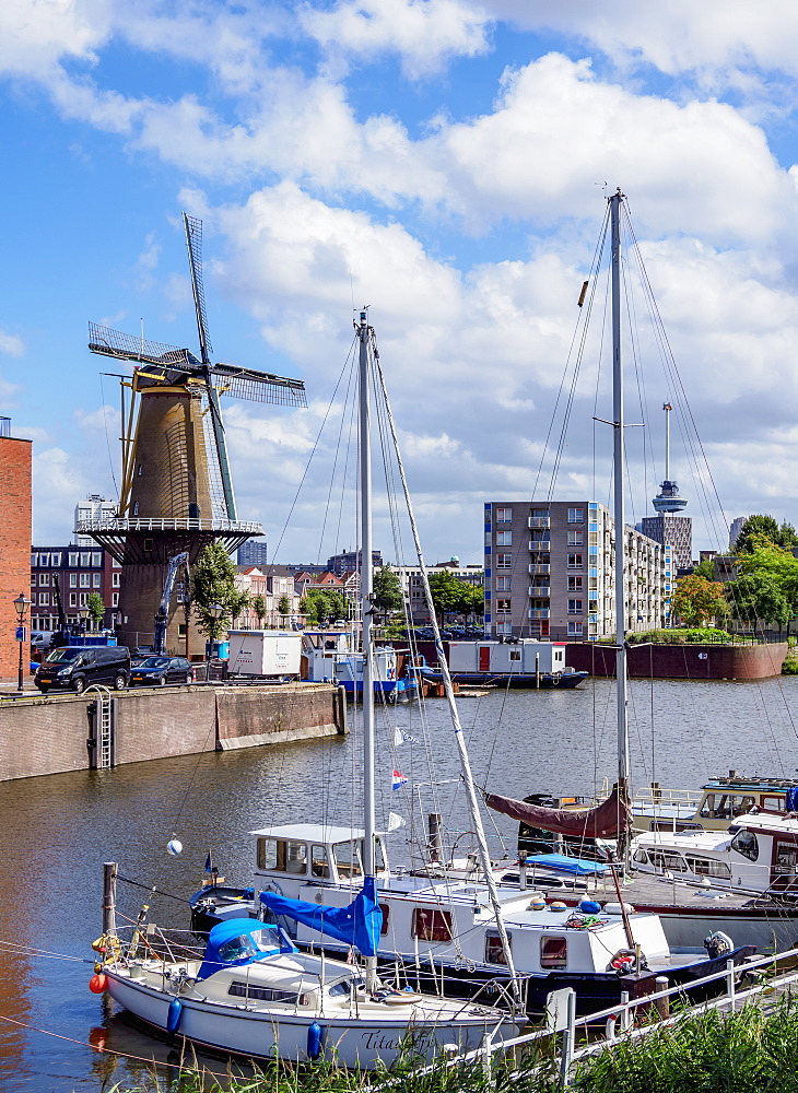 Middenkous Port and Windmill in Delfshaven, Rotterdam, South Holland, The Netherlands, Europe