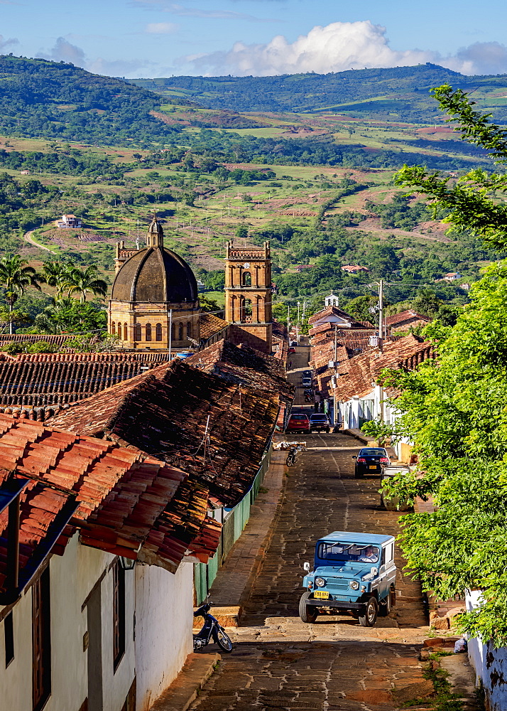 View towards La Inmaculada Concepcion Cathedral, Barichara, Santander Department, Colombia, South America