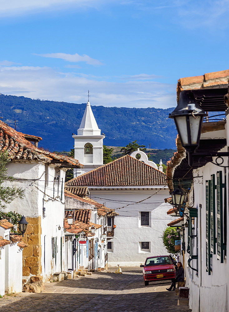 View towards El Carmen Church, Villa de Leyva, Boyaca Department, Colombia, South America