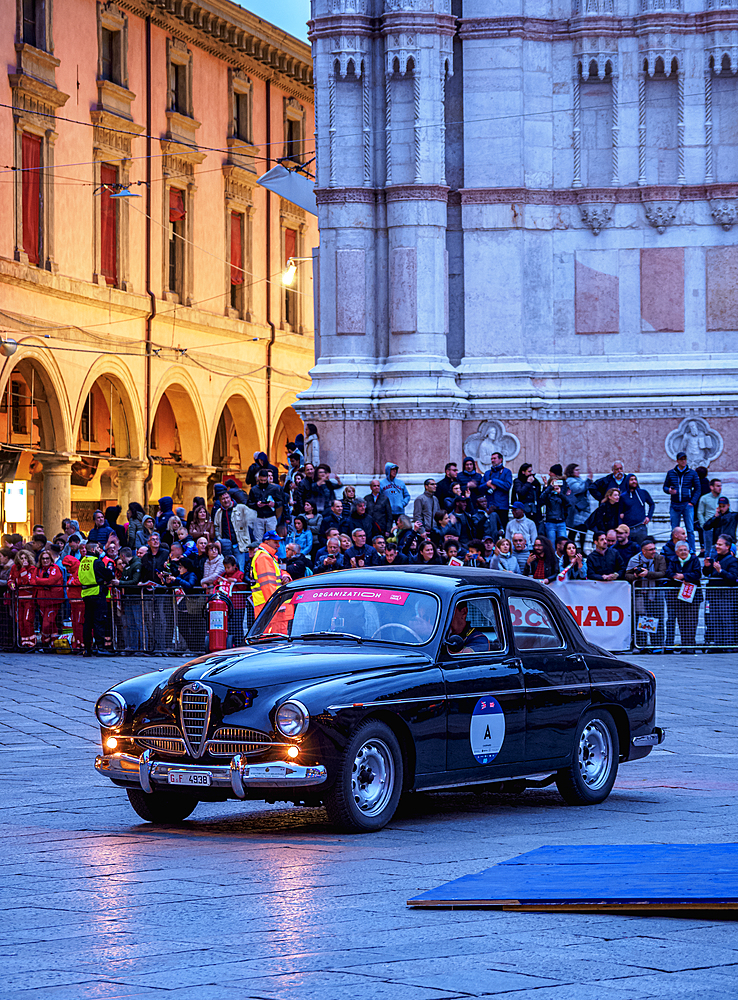 Alfa Romeo vintage car, 1000 Miglia, at Piazza Maggiore, Bologna, Emilia-Romagna, Italy, Europe