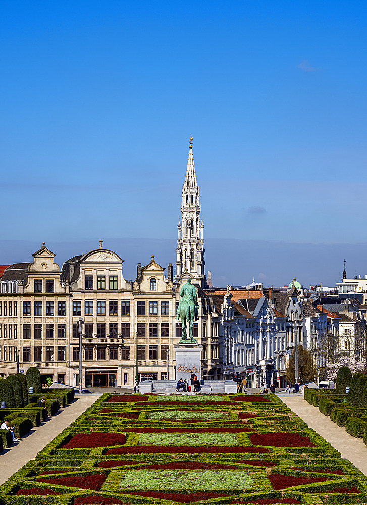 View over Mont des Arts Public Garden towards Town Hall Spire, Brussels, Belgium, Europe