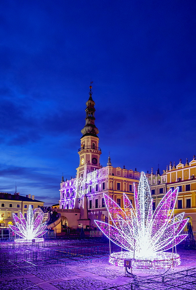 Christmas decorations at the main square of Zamosc, Lublin Voivodeship, Poland, Europe