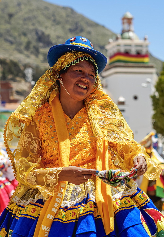 Dancer in traditional costume, Fiesta de la Virgen de la Candelaria, Copacabana, La Paz Department, Bolivia, South America