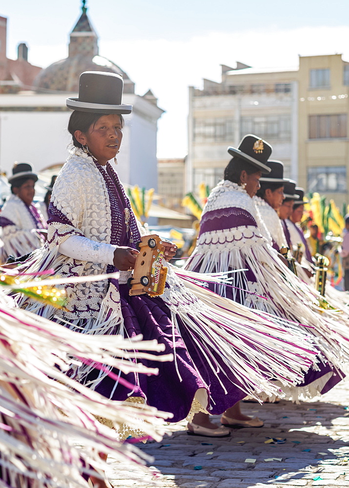 Dancers in traditional costume, Fiesta de la Virgen de la Candelaria, Copacabana, La Paz Department, Bolivia, South America