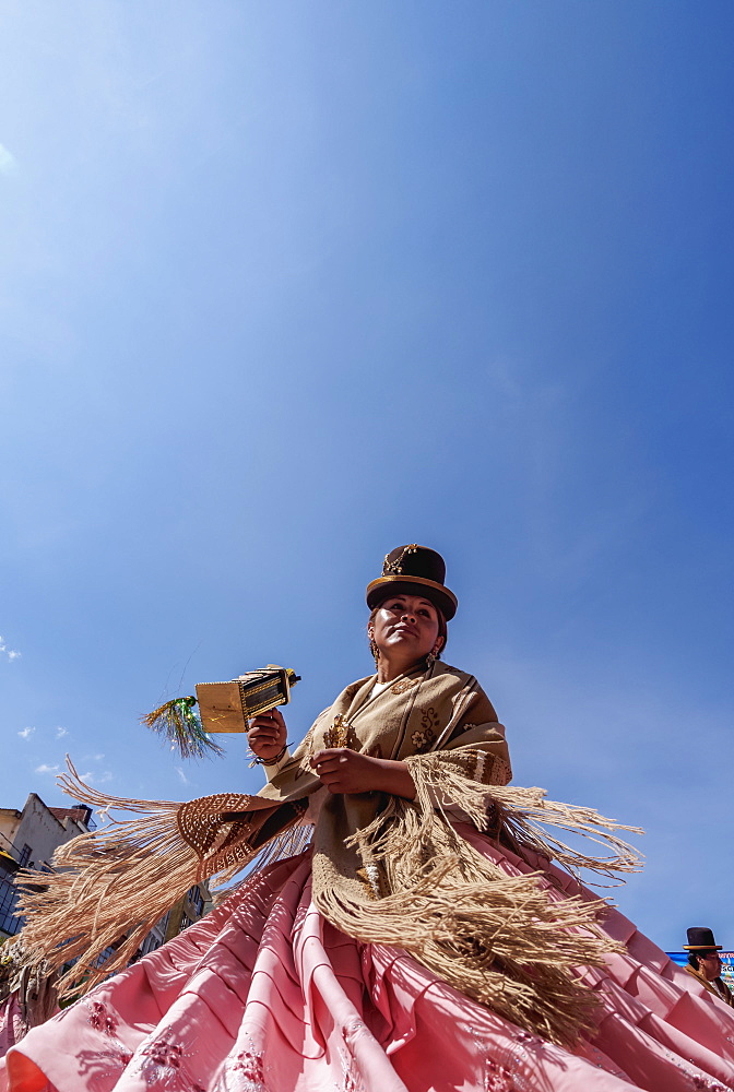 Dancer in traditional costume, Fiesta de la Virgen de la Candelaria, Copacabana, La Paz Department, Bolivia, South America