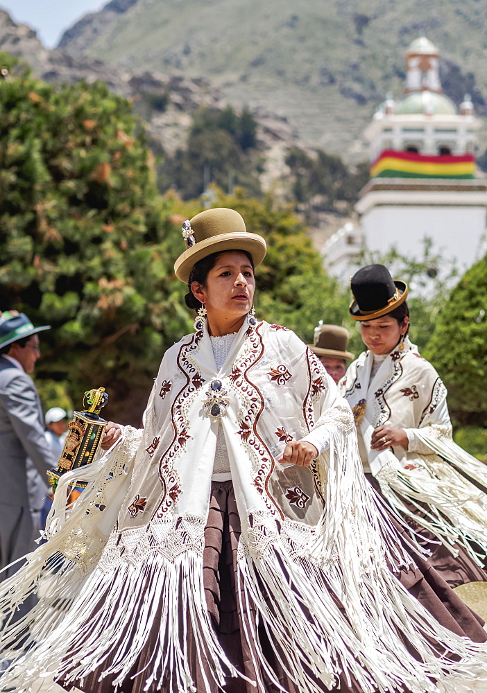 Dancers in traditional costume, Fiesta de la Virgen de la Candelaria, Copacabana, La Paz Department, Bolivia, South America