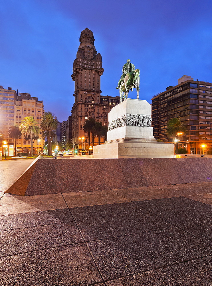 Twilight view of Independence Square, Montevideo, Uruguay, South America