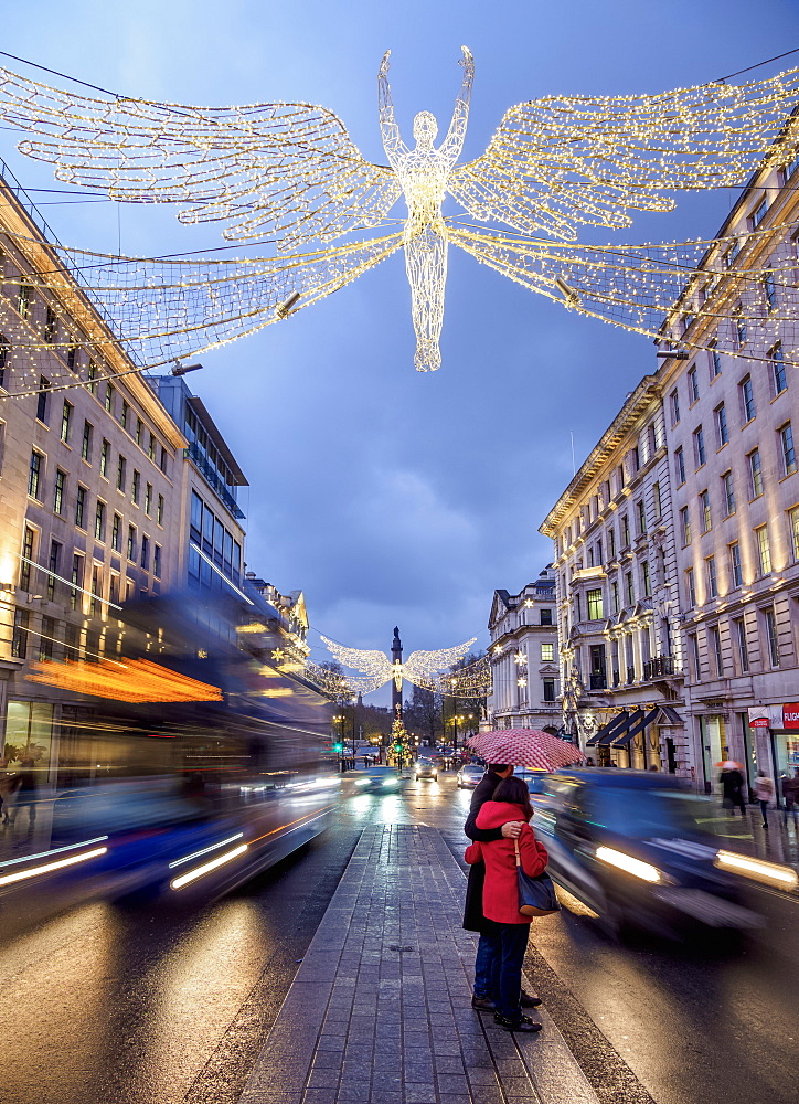 Regent Street with Christmas illuminations at twilight, London, England, United Kingdom, Europe