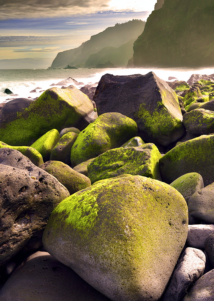 A view along the rocky and mountainous coastline of Ponta Delgada, Madeira, Portugal, Atlantic, Europe