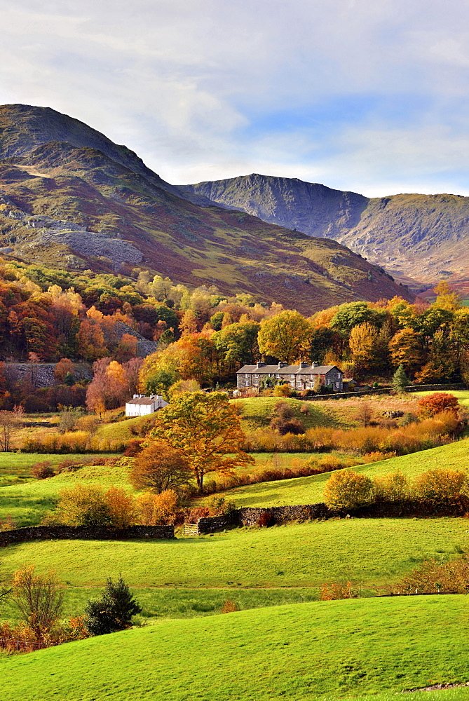 An autumn view of the scenic Langdale Valley, Lake District National Park, Cumbria, England, United Kingdom, Europe